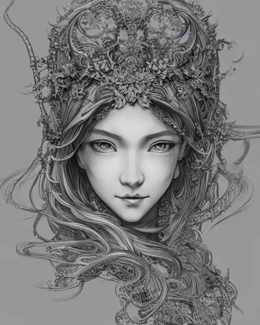 Image similar to portrait of a woman, baroque style, elegant, beautiful, mesmerizing, concept art, intricate linework, detailed and intricate environment, highly detailed, artstation, behance, deviantart, inspired by monstress, sana takeda