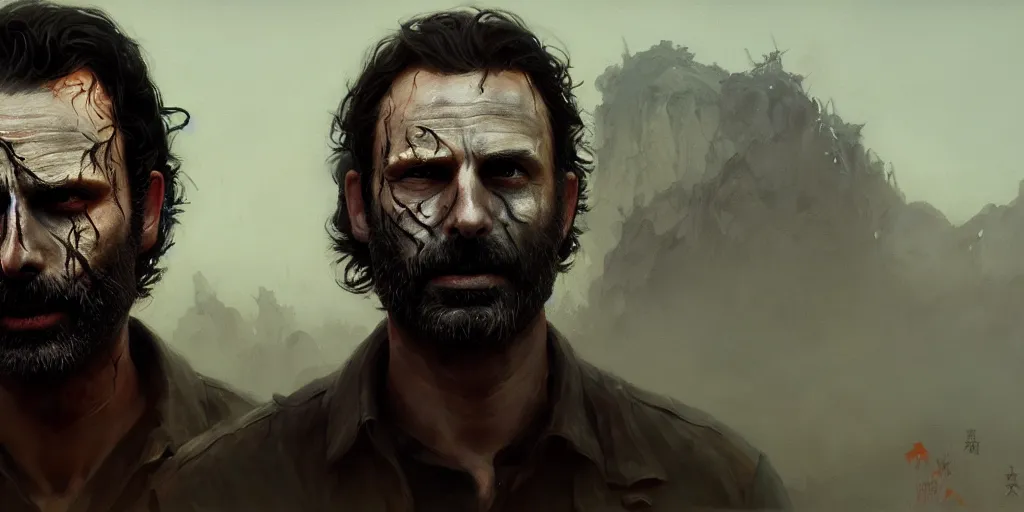 Prompt: portrait of rick grimes with halloween makeup,, extremely detailed digital painting, in the style of fenghua zhong and ruan jia and jeremy lipking and peter mohrbacher, mystical colors, rim light, beautiful lighting, 8 k, stunning scene, raytracing, octane, trending on artstation
