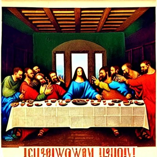 Image similar to a World War II Russian Soviet propaganda poster showing The Last Supper by Leonardo da Vinci