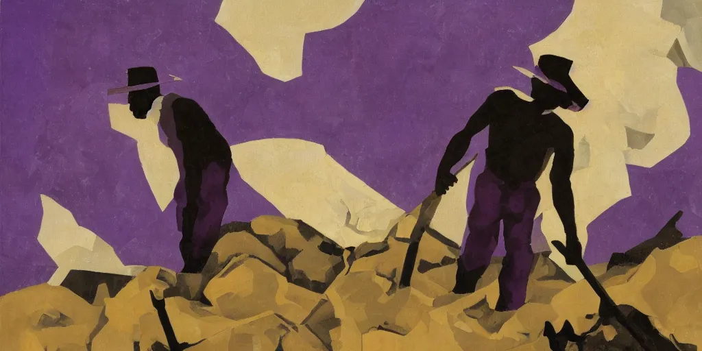 Prompt: old black man holding pick axe in hand, shades of purple, oil painting by aaron douglas,