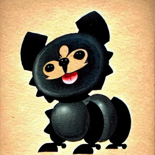 Prompt: a cute retro black pomeranian robot!!!!!! ( ( ( alcohol ink on parchment, muted colors, shading!!!, detailed, textured parchment background, 1 9 5 0 s concept art ) ) )