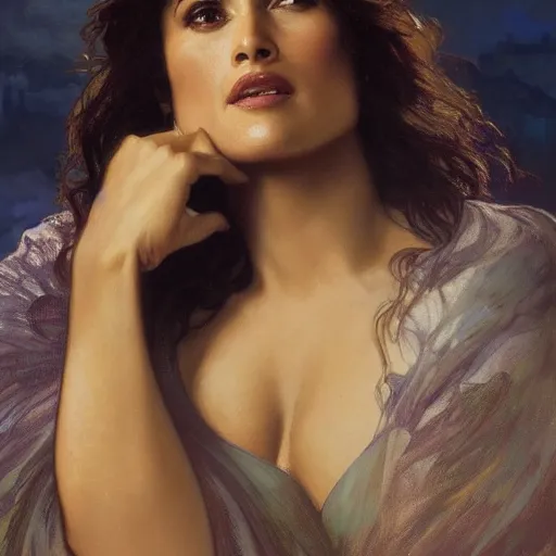 Prompt: salma hayek medium shot portrait by alphonse mucha, perfect proportions, beautiful face, perfect detailed eyes, vivid colrs, elegant, sharp focus, hyper - realistic, 4 k, unreal engine, highly detailed, hd, dramatic lighting by brom