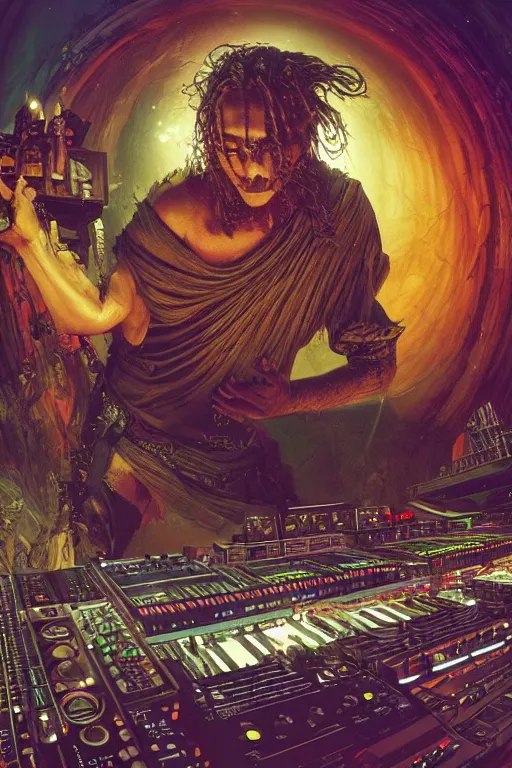 Prompt: a fisheye lens photo of a post apocalyptic tribal dj tweaking and playing synthesizers in the most complicated and technical spiral fractal musical studio, powerful, cinematic, beautifully lit, by donato giancola, by artgerm, by karol bak, 3 d, perfect face and body, trending on artstation, octane render, 8 k