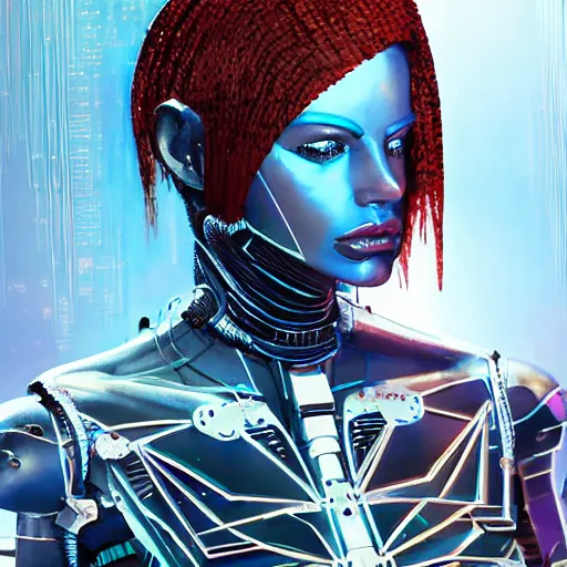 Image similar to full body portrait of the muscular Aztec Android Queen, by DC comics and Sandra Chevrier and beeple, artstation, volumetric lighting and fog, hyperrealism, hyper detailed futuristic royalty, award winning costume design, cybernetic bionic ancient cyborg, fashion show runway, futuristic fine textures, woven with electricity, high fashion superpowers, floating dust particles, bokeh, mystic haze, 4k UHD, HDR