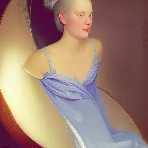 Image similar to young woman's face, her hair is white and she wears a cobalt blue duchesse satin cloak, by syd mead and moebius and roger dean and gaston bussiere and ivan aivazovsky and willem claesz and pieter claesz and paul delaroche and alma tadema and aelbert cuyp, hyperrealistic, volumetric light, octane