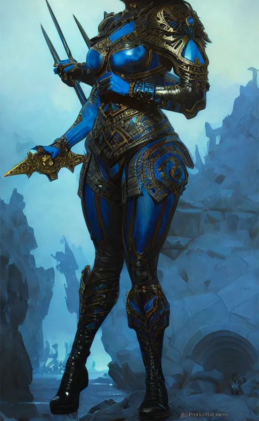 Image similar to Gothic muscular warrior queen in blue and black mythical heavy armor, fantasy, highly detailed, digital painting, artstation, concept art, smooth, sharp focus, illustration, art by artgerm and greg rutkowski and alphonse mucha