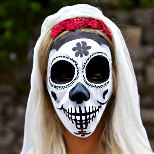 Image similar to la muerte mask with sardinia's traditional female dress