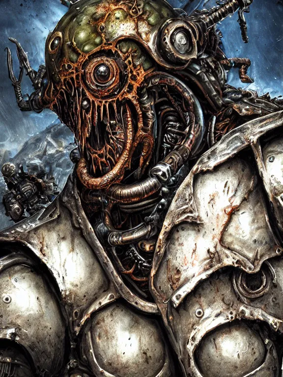 Image similar to portrait art of 8k ultra realistic undead eldritch horror corrupted rusting space marine,decaying, cybernetic, full of colour, cinematic lighting, battered, trending on artstation, 4k, hyperrealistic, focused, extreme details,unreal engine 5, cinematic, masterpiece, art by ayami kojima, giger