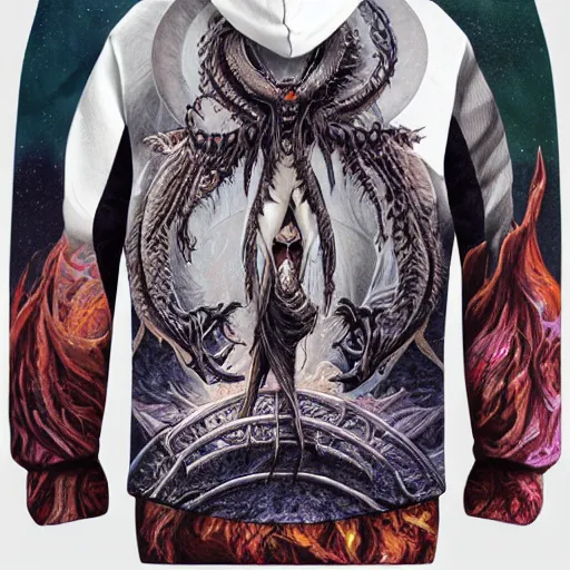 Prompt: Supreme hoodie in collaboration with gerald brom and several other artists