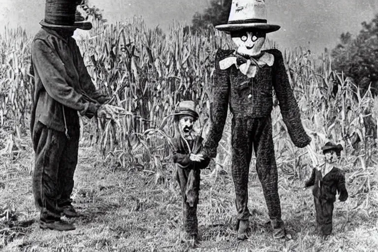 Image similar to disturbing scarecrow from the early 1 9 0 0's leading children into the cornfields