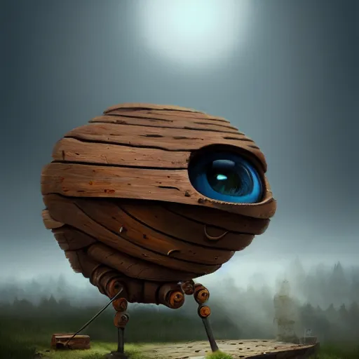 Image similar to a walking wood and metal house with two legs and one big eye, rust, hyperrealistic, highly detailed, cinematic, single ray of sun, morning, pareidolia, gravity falls style, disney, beautiful, cgssociety, artstation, 8 k, oil painting, digital art