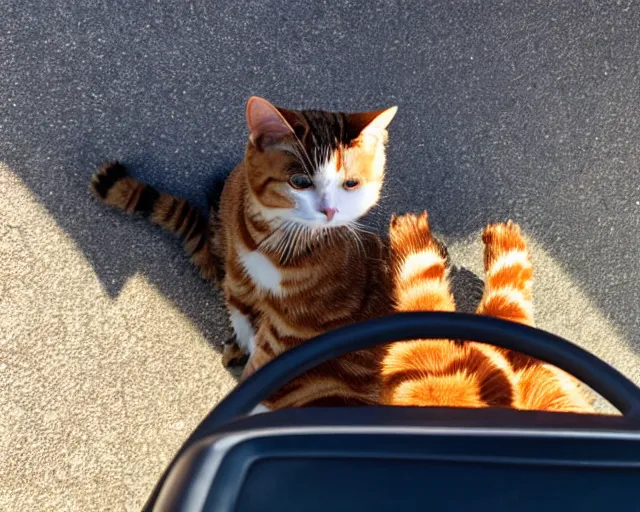 Prompt: top view of convertible, cat sitting in driver seat with front paws on steering wheel, golden hour