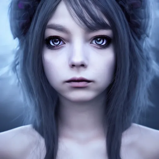 Image similar to photorealistic full shot portrait of angry darkness anime girl, electric aura, beautifull eyes, inspired by tim burton, detailed, unreal engine 4 k, volumetric light, fog