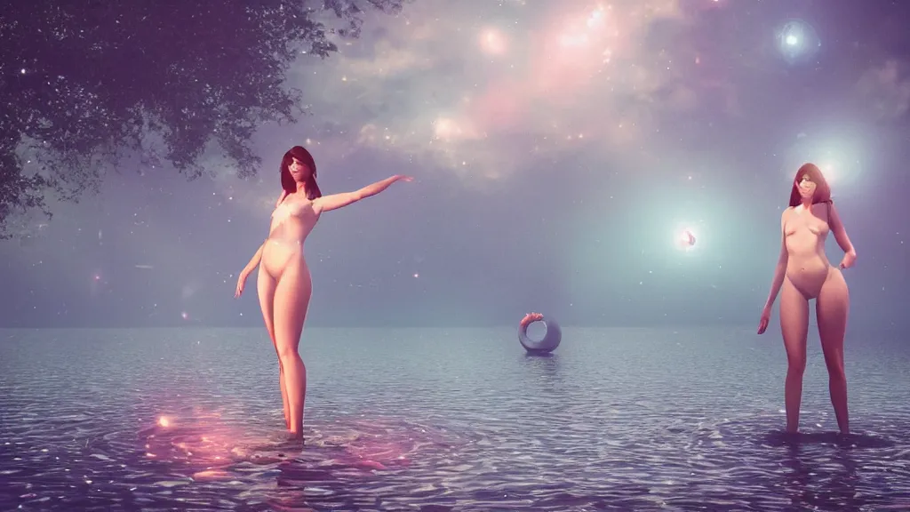 Prompt: whimsical, beautiful alluring women standing in a lake, raising an arm, under a binary black hole with a ring, by ilya kuvshinov, by greg rutkowski, by artgerm, by beeple, face enhance, volumetric lighting, 4 k resolution, octane render, trending on artstation