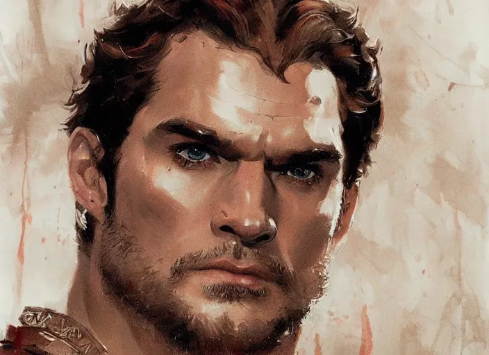 Prompt: a highly detailed beautiful portrait of henry cavill as kratos, by gregory manchess, james gurney, james jean