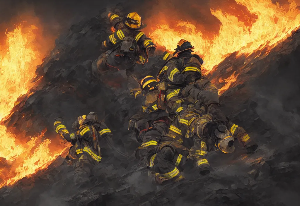 Image similar to heroic firefighter in action in black and yellow uniform, fire flames, sharp details, sharp focus, elegant, highly detailed, illustration, by jordan grimmer and greg rutkowski and pine ( ハイネ ) and 薯 子 imoko and 香 川 悠 作 and wlop and maya takamura, intricate