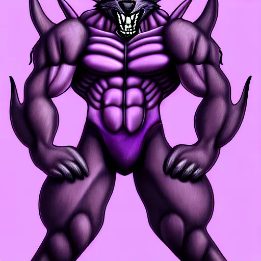 Prompt: anthropomorphic muscular purple wolf dragon, generic furry style, wearing jeans, deviant art, professional furry drawing, insanely detailed, artistic design, hyper detailed wolf - like face, doing a pose from jojo's bizarre adventure, detailed veiny muscles, exaggerated features, beautiful shading, dramatic lighting