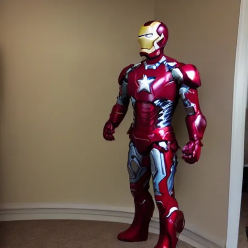 Prompt: captain america suit, iron man colors