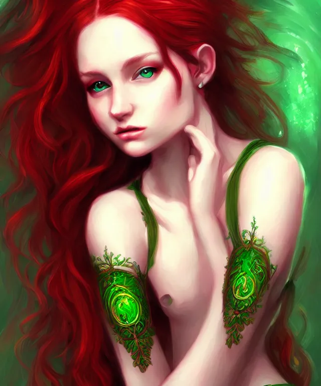 Image similar to Fae teenage girl, portrait, face, long red hair, green highlights, fantasy, intricate, elegant, highly detailed, digital painting, concept art, smooth