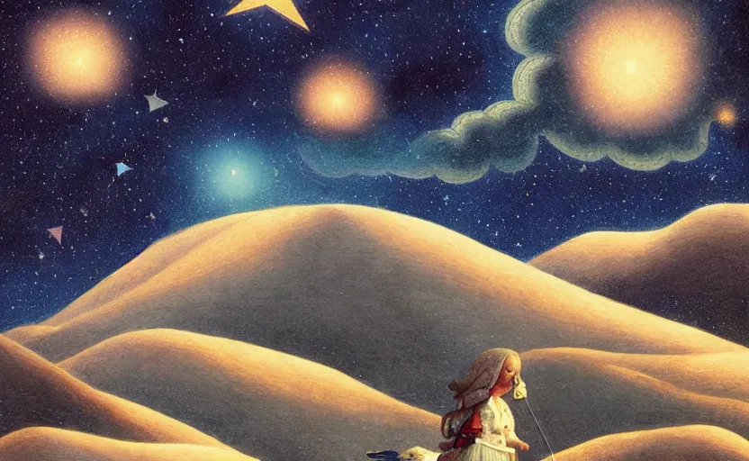 Prompt: mountains, stars and paisley filled sky, artstation, intricate, highly detailed, digital painting, concept art, sharp focus, illustration by Benjamin Lacombe and Piero della Francesca