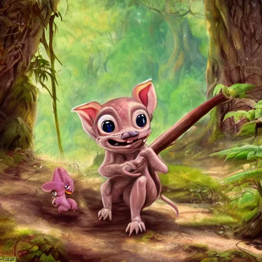 Image similar to beautiful painting of a cute chibi kobold, with rosy cheeks, in a forest. in the style of don bluth, disney, and hans zatzka. color harmony, 8 k detail, gallery quality, hd wallpaper, premium prints available.