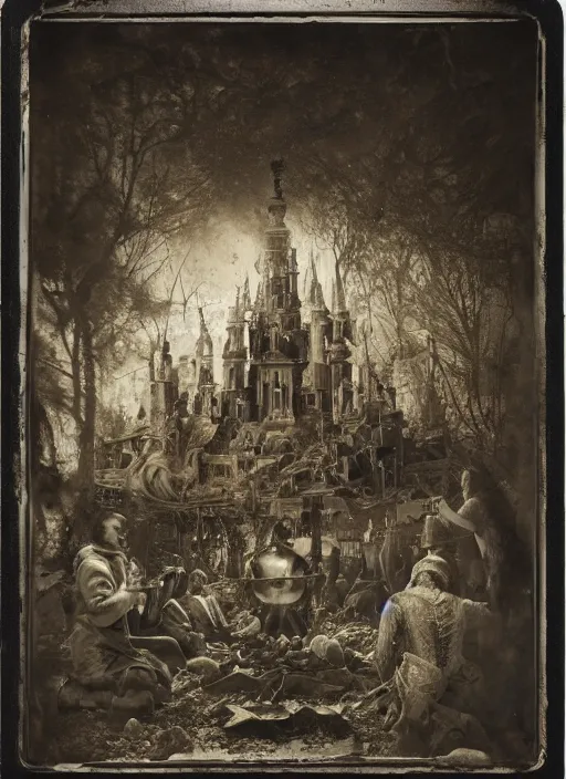 Image similar to old wetplate daguerreotype birth of civilization in times of conflict, fractal, intricate, elegant, highly detailed, parallax, leica, medium format, subsurface scattering, by jheronimus bosch and greg rutkowski and louis jacques mande daguerre