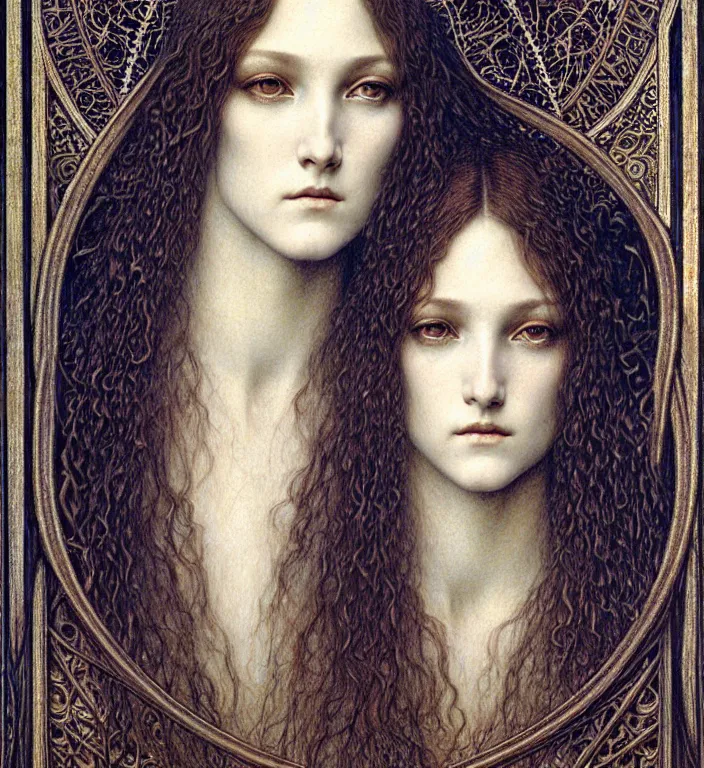 Image similar to detailed realistic beautiful young medieval queen face portrait by jean delville, gustave dore and marco mazzoni, art nouveau, symbolist, visionary, gothic, pre - raphaelite. horizontal symmetry