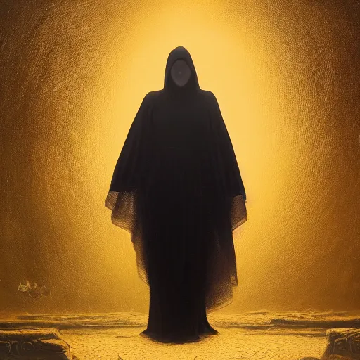 Image similar to a portrait of a young woman wearing a long dark cloak, hood and shadows covering face, holding golden chains, oil painting, matte painting, black background, Volumetric Golden dappled dynamic lighting, Highly Detailed, Cinematic Lighting, Unreal Engine, 8k, HD, by Beksinski