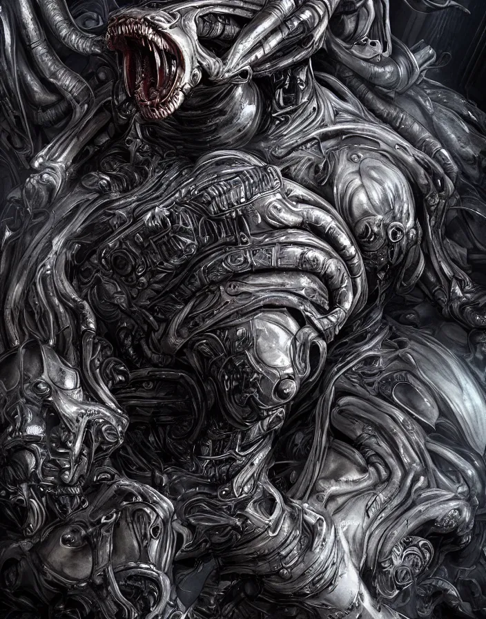 Image similar to engineer prometheus face by Artgerm, xenomorph alien, highly detailed, symmetrical long head, smooth marble surfaces, detailed ink illustration, raiden metal gear, cinematic smooth stone, deep aesthetic, concept art, post process, 4k, carved marble texture and silk cloth, latex skin, highly ornate intricate details, prometheus, evil, moody lighting, hr geiger, hayao miyazaki, indsutrial Steampunk