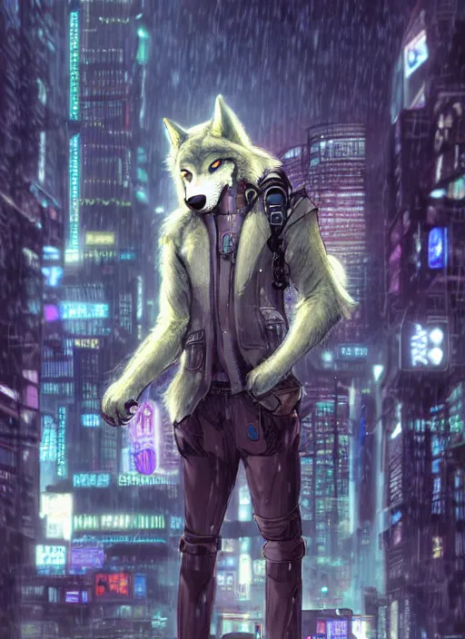 Prompt: character portrait of a male anthro wolf fursona with a tail and a cute beautiful attractive detailed furry face wearing stylish cyberpunk clothes in a cyberpunk city at night while it rains. hidari, color page, tankoban, 4K, tone mapping, Akihiko Yoshida.