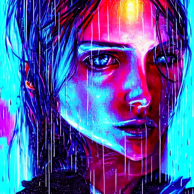 Image similar to bright asthetic portrait LSD glowing backlit rain on face and wet hair, cyberpunk, overhead lighting, fantasy, intricate, elegant, dramatic lighting, highly detailed, lifelike, photorealistic, digital painting, artstation, illustration, concept art, smooth, sharp focus, art by John Collier and Albert Aublet and Krenz Cushart and Artem Demura and Alphonse Mucha