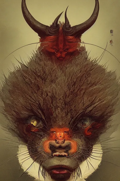 Image similar to a portrait of a japanese devil animal illustrated by miyazaki by karol bak, james jean, tom bagshaw, rococo, sharp focus, trending on artstation, cinematic lighting, hyper realism, octane render, 8 k, hyper detailed, vivid, ultra detailed, highly detailed