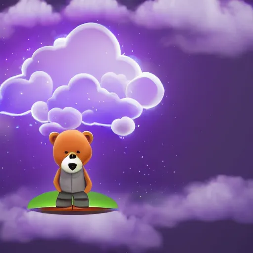 Image similar to cartoon animated bear wearing clothes being launched out of a futuristic machine into a purple and orange cloud land