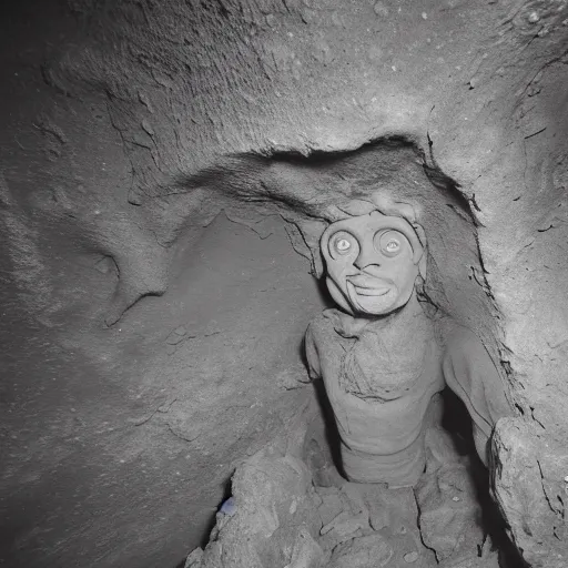 Prompt: found footage of a man made of grayish clay emerging from a wall inside of a cave made of grayish clay, creepy, flash photography, unsettling, moist