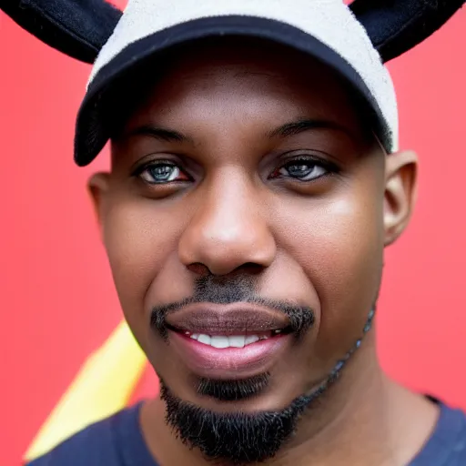 Prompt: a bald black man with a pikachu hat, close up
