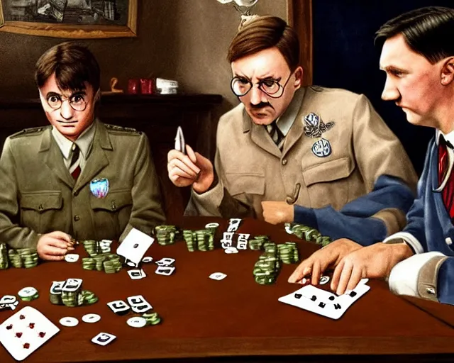 Image similar to daniel raddclife as harry potter and adolf hitler playing poker together, highly detailed, sharp focus, 8 k