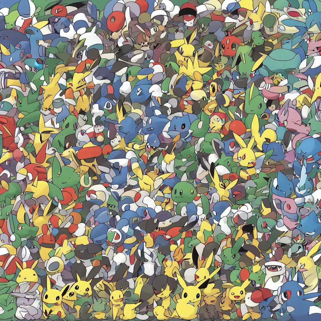 Image similar to official art of a diverse crowd of Pokemon, by Ken Sugimori, Bulbapedia