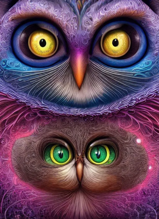 Image similar to psychedelic cat owl figure by naoto hattori, android jones and chris dyer, depth of field, intricate beautiful painting, billions of details, octane render, trending on artstation