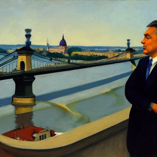 Image similar to viktor orban with highly detailed face standing on the bank of danube river, looking at the destroyed chain bridge in budapest, by edward hopper