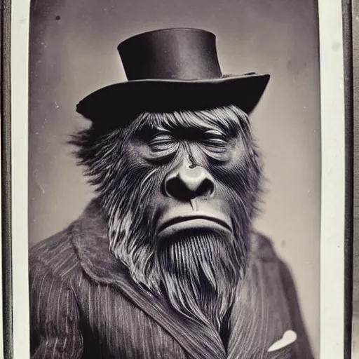 Image similar to a vintage wet plate portrait of a dignified bigfoot with a top hat and cane, extremely detailed, by robert capa!!!!!!!!!!!!!!!!!!