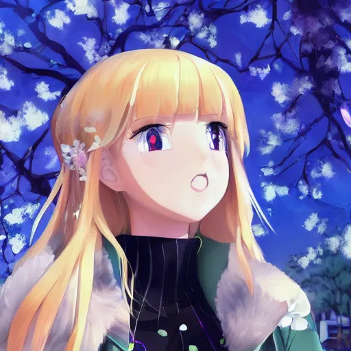 Image similar to blonde - haired princess, anime princess, wearing black jacket and white leggings, looking through crowd, town street, festival street, trees, green trees, blue lighting, blue sunshine, strong lighting, strong shadows, vivid hues, ultra - realistic, sharp details, subsurface scattering, intricate details, hd anime, 2 0 1 9 anime