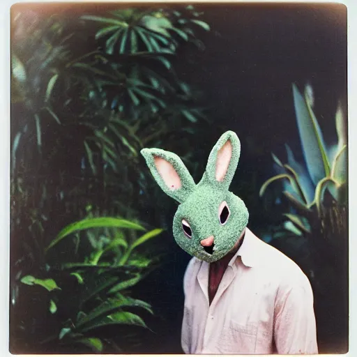 Prompt: grainy head to shoulder portrait Polaroid film photograph of a 1950's man wearing a rabbit mask in a tropical greenhouse. looking at the camera!!. super resolution. Extremely detailed. Polaroid 600 film. by Annie Leibovitz and Richard Avedon