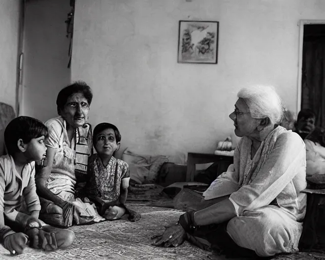 Prompt: A grandma telling stories to her grandchildren in a Indian suburban home, Photograph by andrei tarkovsky, shot on a large format film camera, 8K