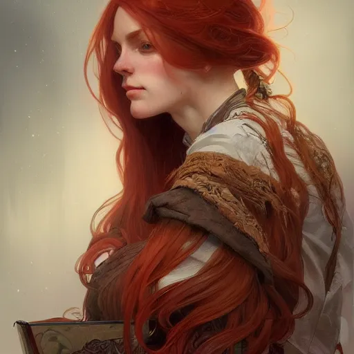 Image similar to A full portrait of Nordic female, 30 years old, brown red long hair, intricate, elegant, highly detailed, digital painting, artstation, concept art, smooth, sharp focus, illustration, art by Krenz Cushart and Artem Demura and alphonse mucha