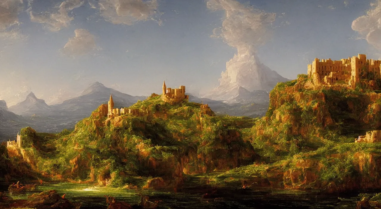 Prompt: a landscape painting of an byzantine castle, by Thomas Cole