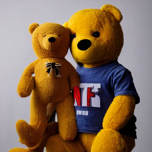 Image similar to a ( ( ( ( yellow teddy bear ) ) ) proudly standing in front of his nfts collection!!!! 4 k photo