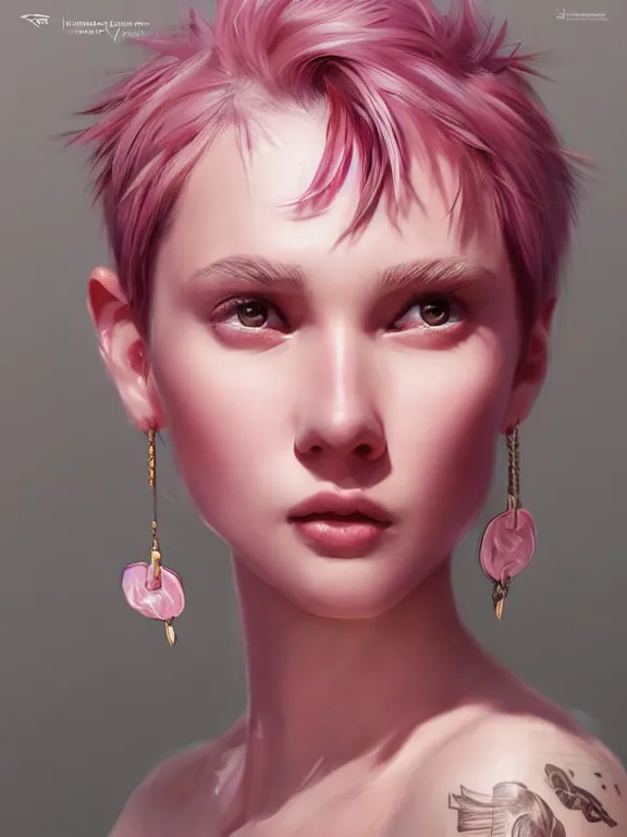 Image similar to beautiful russian girl with short pink hair and nose piercing, pink eye liner, thin round earrings, winds of winter, au naturel, hyper detailed, digital art, trending in artstation, cinematic lighting, studio quality, smooth render, octane rendered, concept art, sharp focus, illustration, art by artgerm and greg rutkowski and wlop