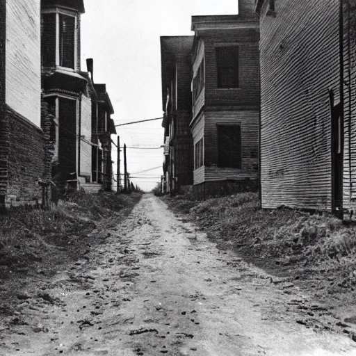 Image similar to walking in the middle of a narrow road in a depression era crammed mid - west town that was abandoned, 1 9 2 0 s w 6 4 0