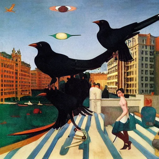 Image similar to a battle of crows in mumbai, hyperrealistic film still by edward hopper, by gottfried helnwein, by klimt, by paolo uccello, art nouveau, highly detailed, strong lights, liminal, eerie, bright pastel colors