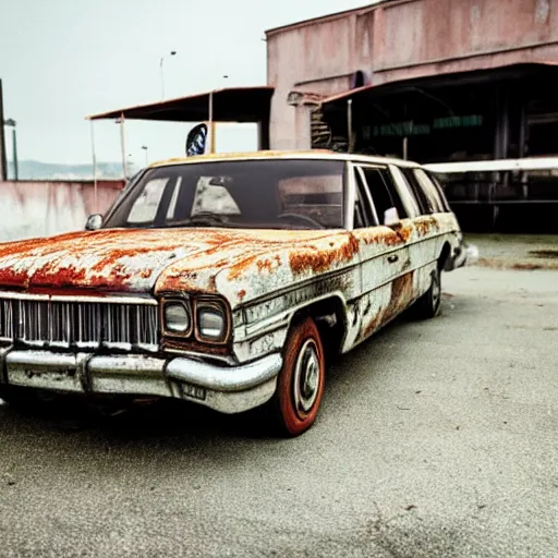 Prompt: a rusty ecto-1 in an empty parking lot.